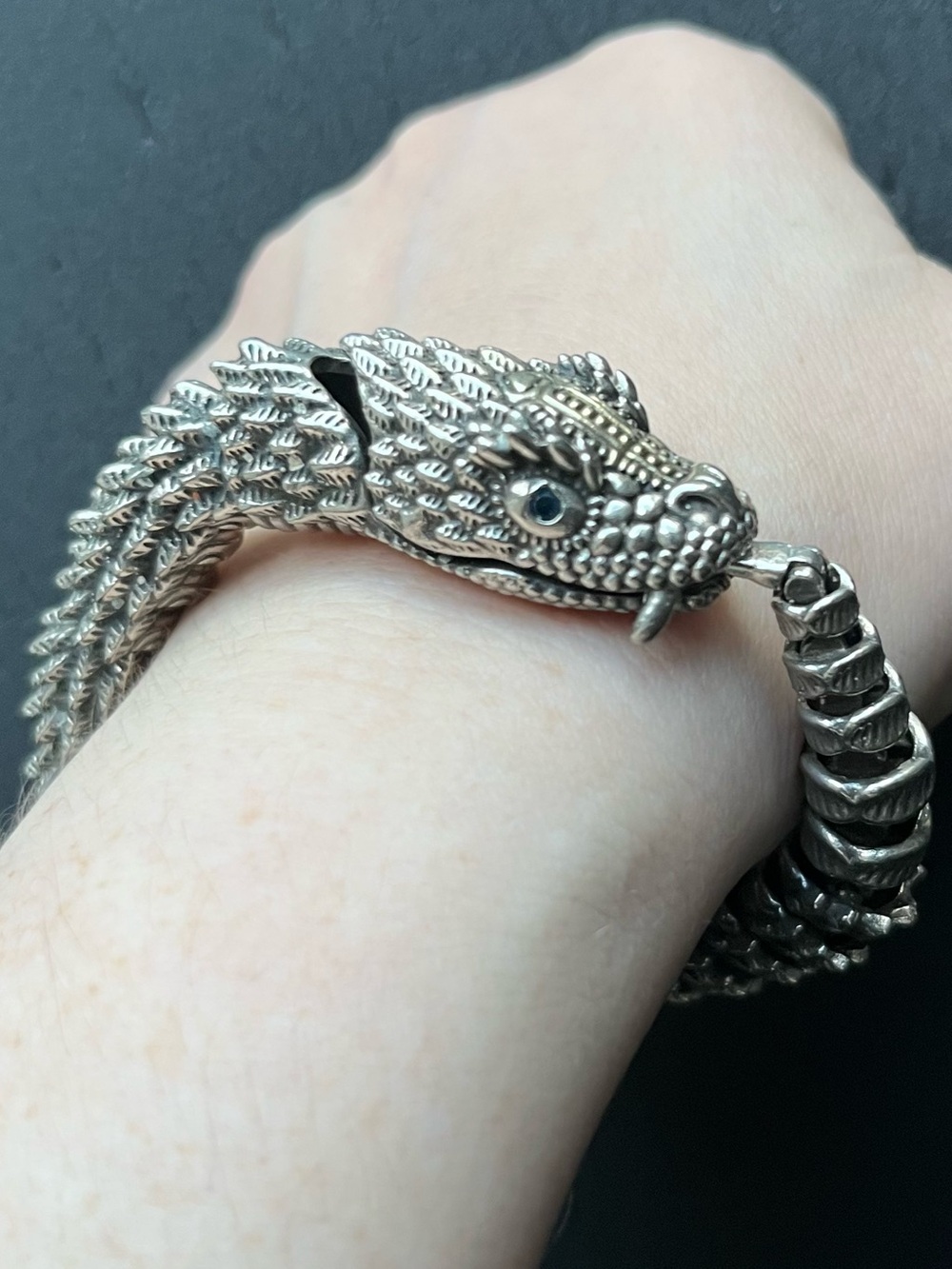 Sterling silver gothic serpent coil bracelet.